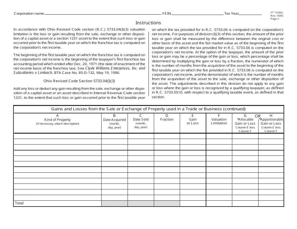 Form FT1120VL Valuation Limitation on Gains and Losses From Sales or Exchanges of Capital Assets or IRC Section 1231 Assets - Ohio, Page 2