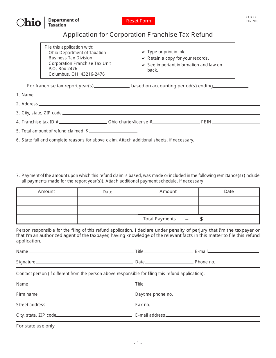 Form FT REF Application for Corporation Franchise Tax Refund - Ohio, Page 1