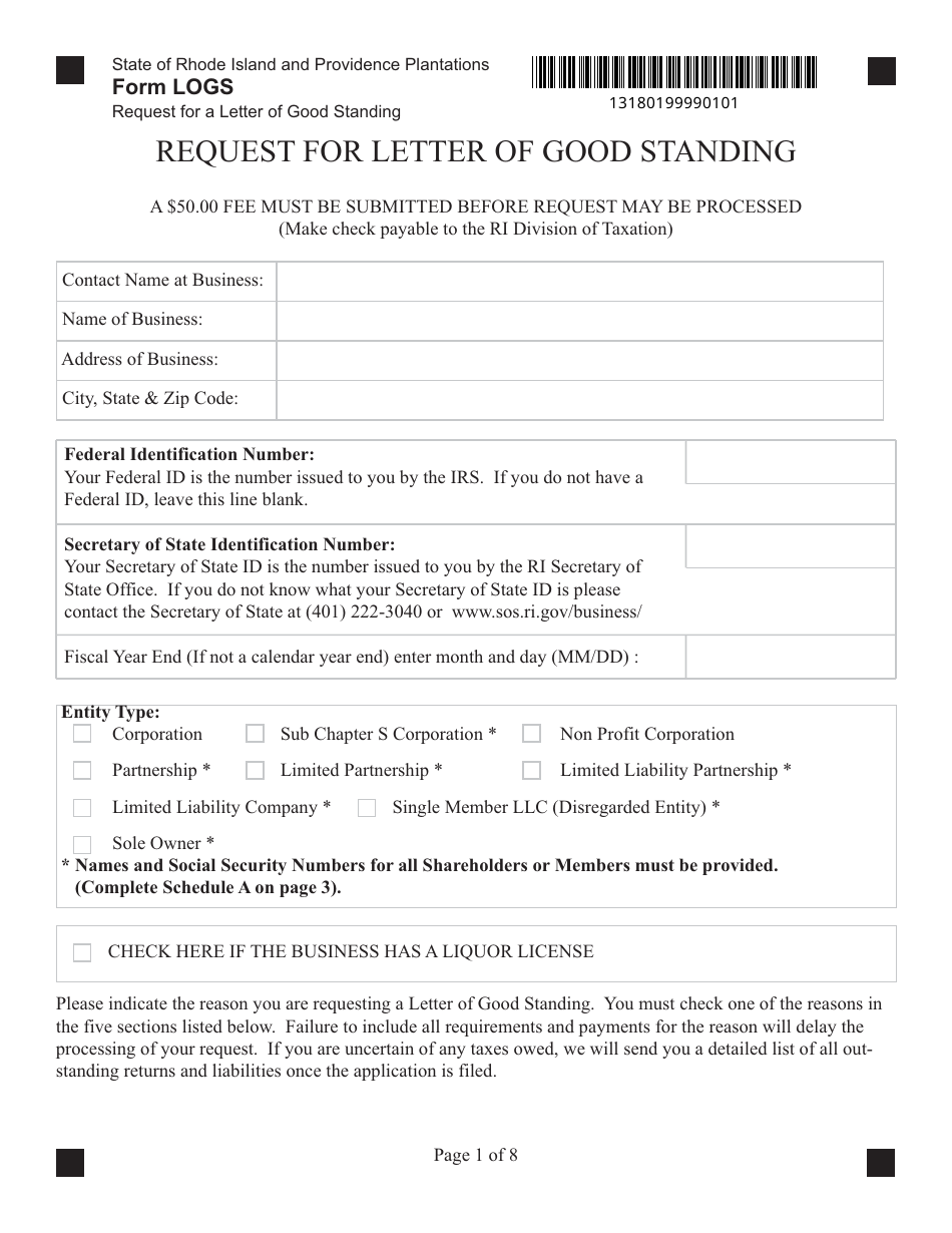 Form LOGS Request for Letter of Good Standing - Rhode Island, Page 1