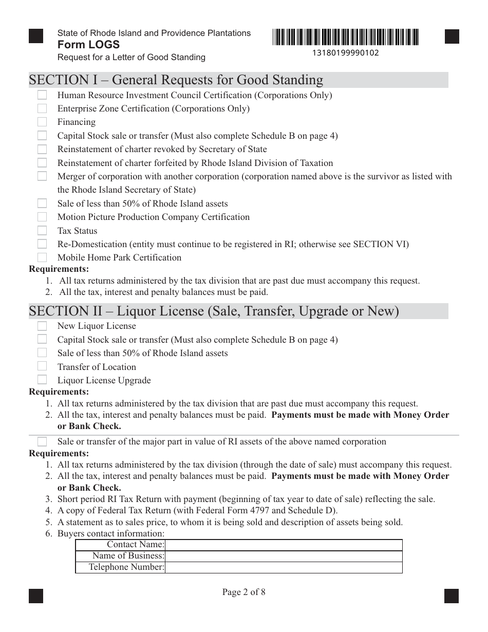 Form LOGS Request for Letter of Good Standing - Rhode Island, Page 2
