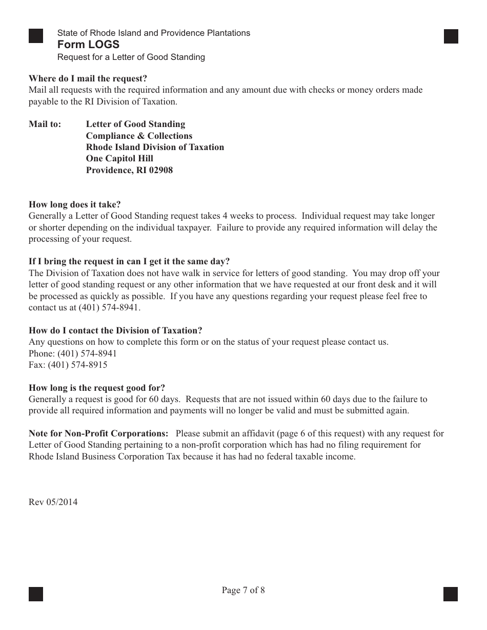 Form LOGS Request for Letter of Good Standing - Rhode Island, Page 7