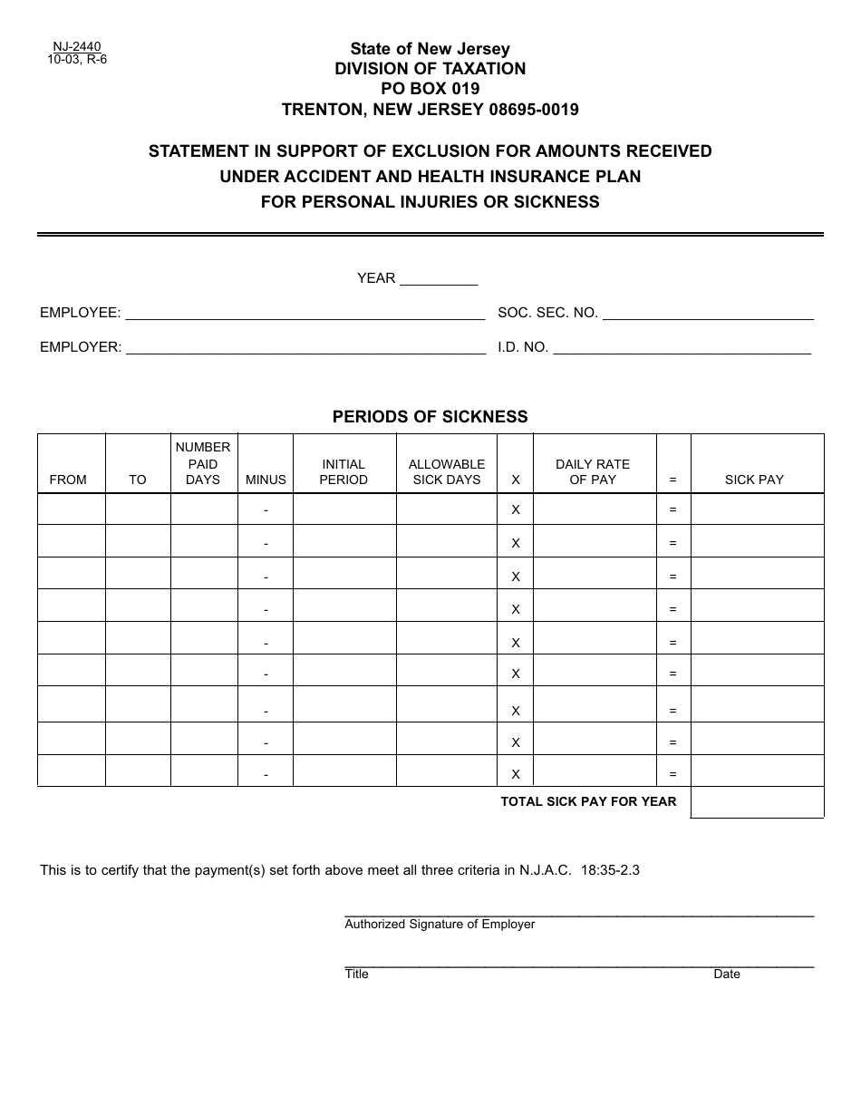 Form NJ-2440 Statement in Support of Exclusion for Amounts Received Under Accident and Health Insurance Plan for Personal Injuries or Sickness - New Jersey, Page 1