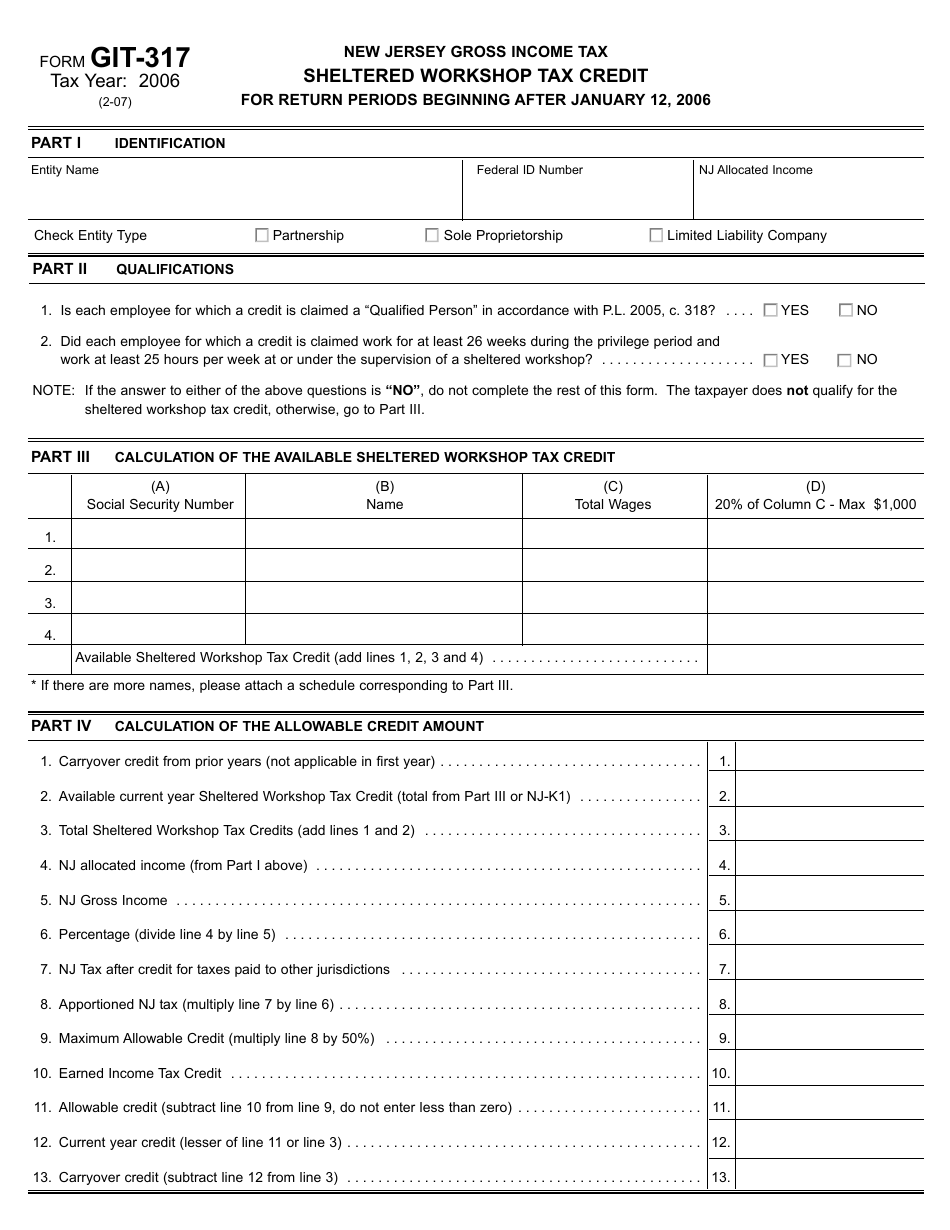 Form GIT-317 Sheltered Workshop Tax Credit - New Jersey, Page 1