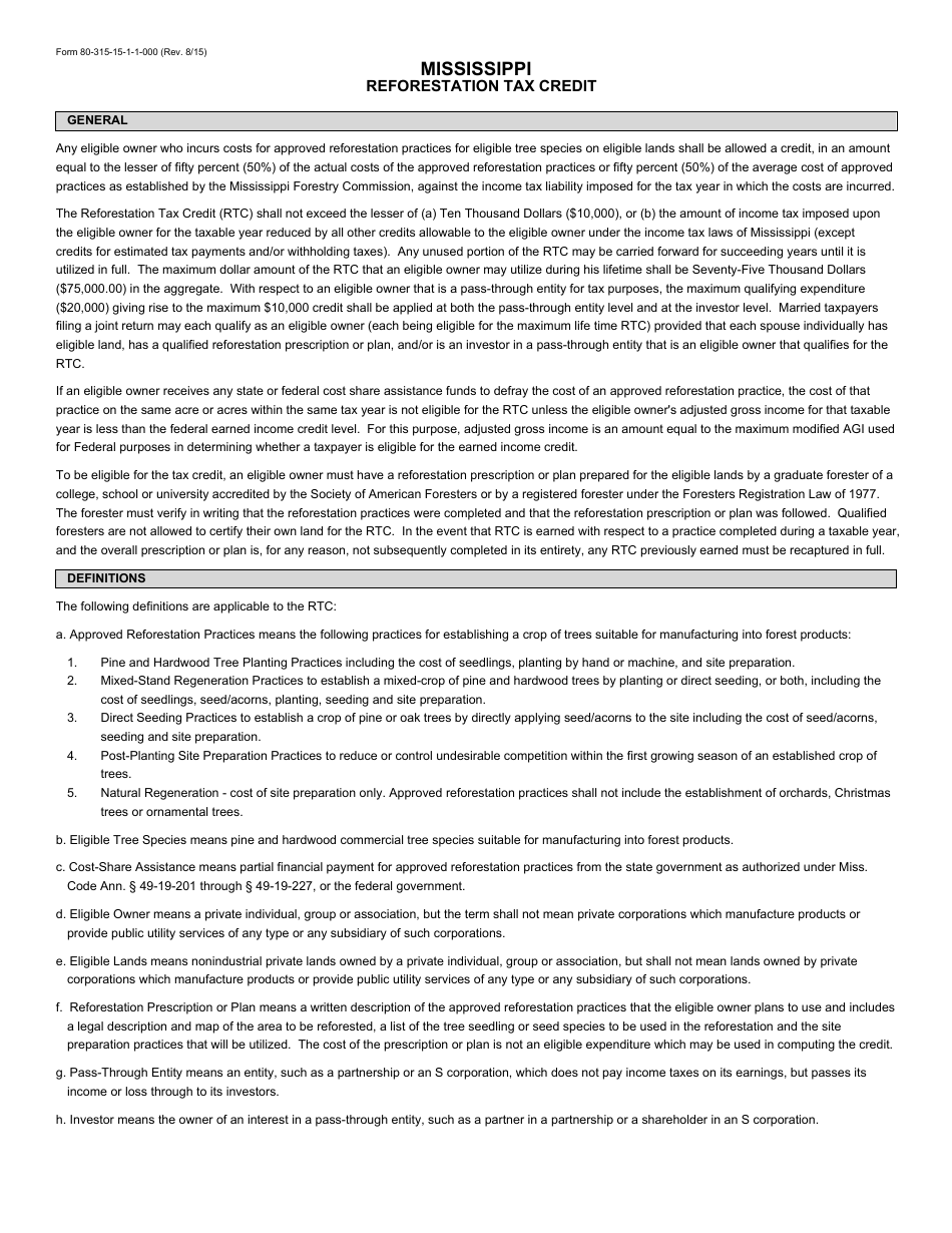 Instructions for Form 80-315-15-1-1-000 Mississippi Reforestation Tax Credit - Mississippi, Page 1