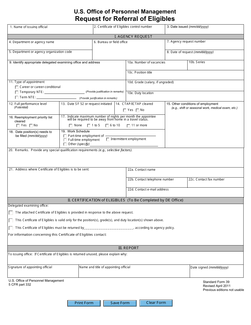 Opm Form Sf 39 Download Fillable Pdf Or Fill Online Request For Referral Of Eligibles Templateroller