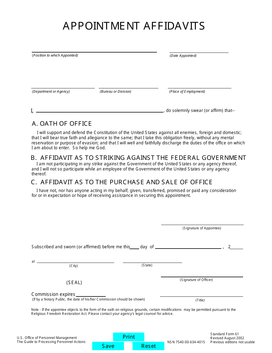 Form SF-61 Appointment Affidavits, Page 1