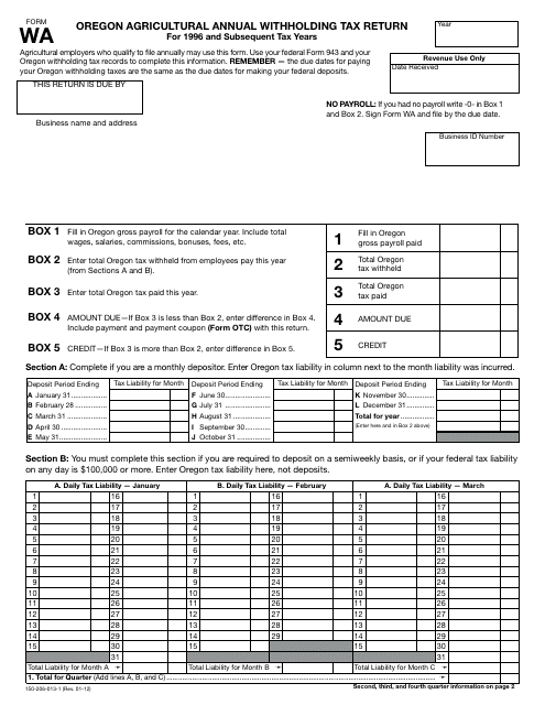 Form WA Oregon Agricultural Annual Withholding Tax Return - Oregon