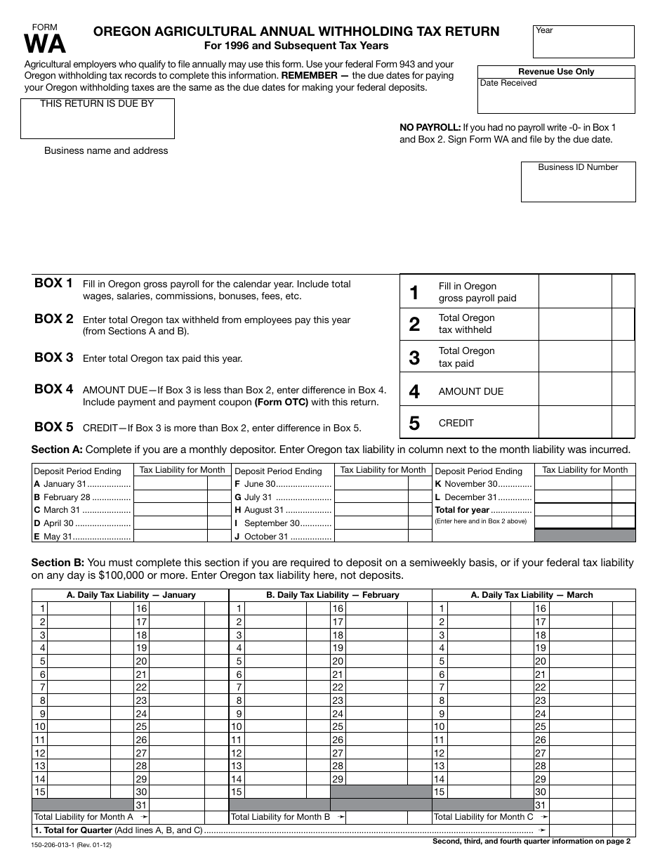 Form WA Oregon Agricultural Annual Withholding Tax Return - Oregon, Page 1