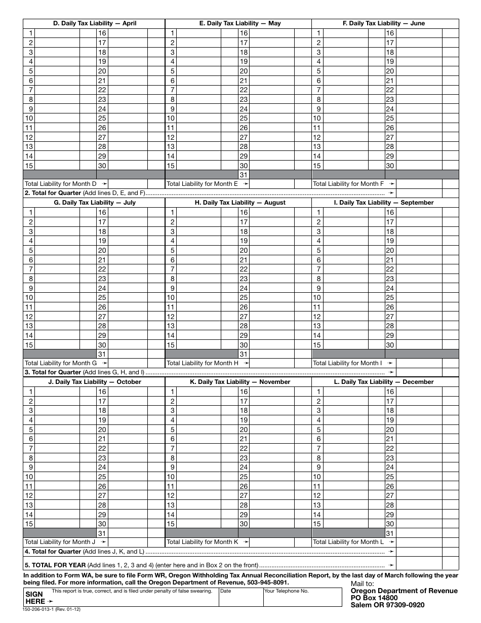 Form WA Oregon Agricultural Annual Withholding Tax Return - Oregon, Page 2