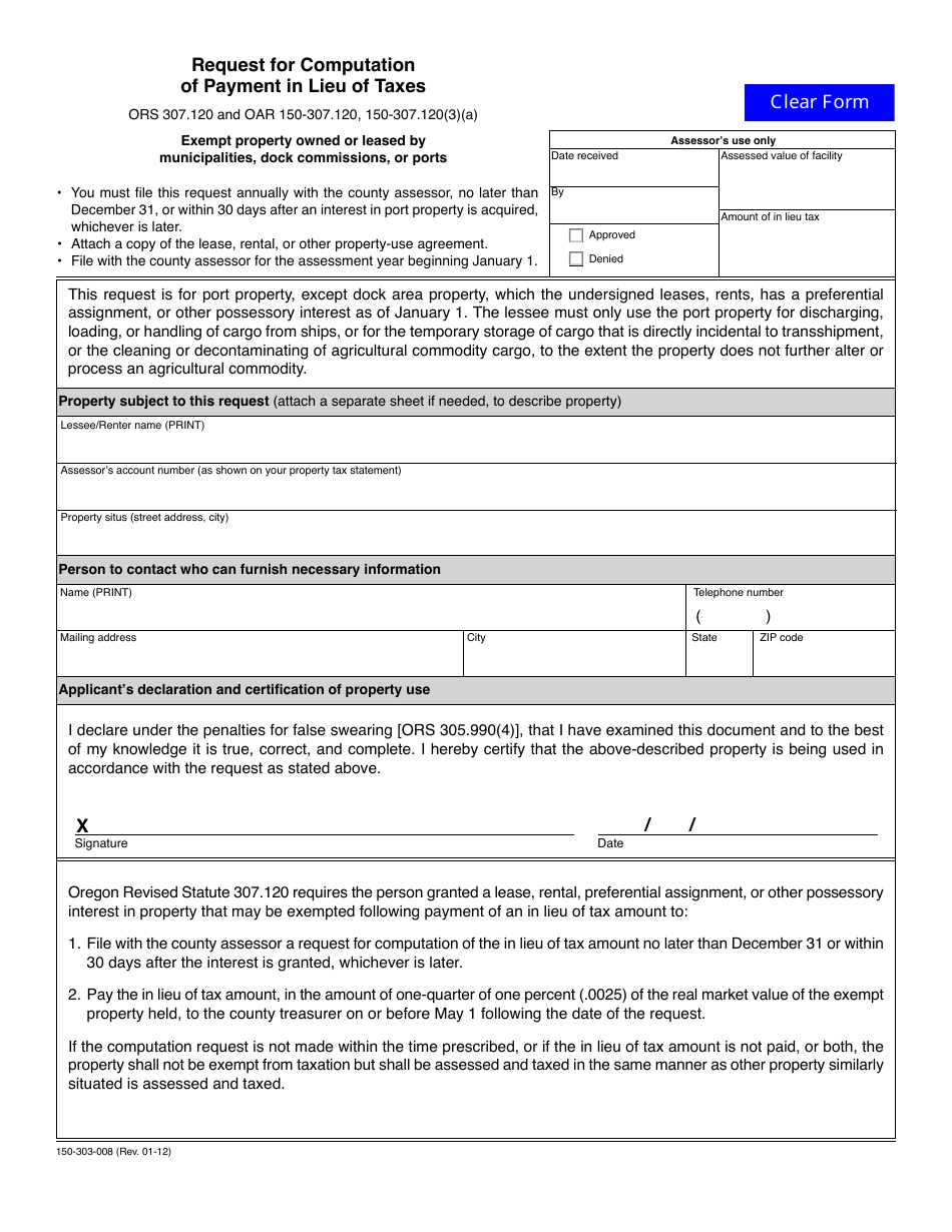 Form 150-303-008 Request for Computation of Payment in Lieu of Taxes - Oregon, Page 1