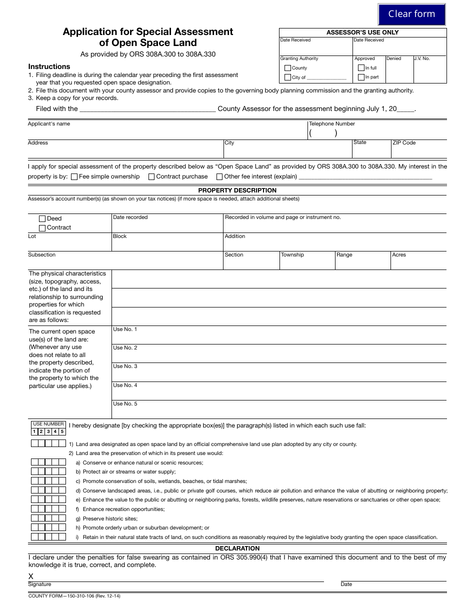 Form 150-310-106 Application for Special Assessment of Open Space Land - Oregon, Page 1