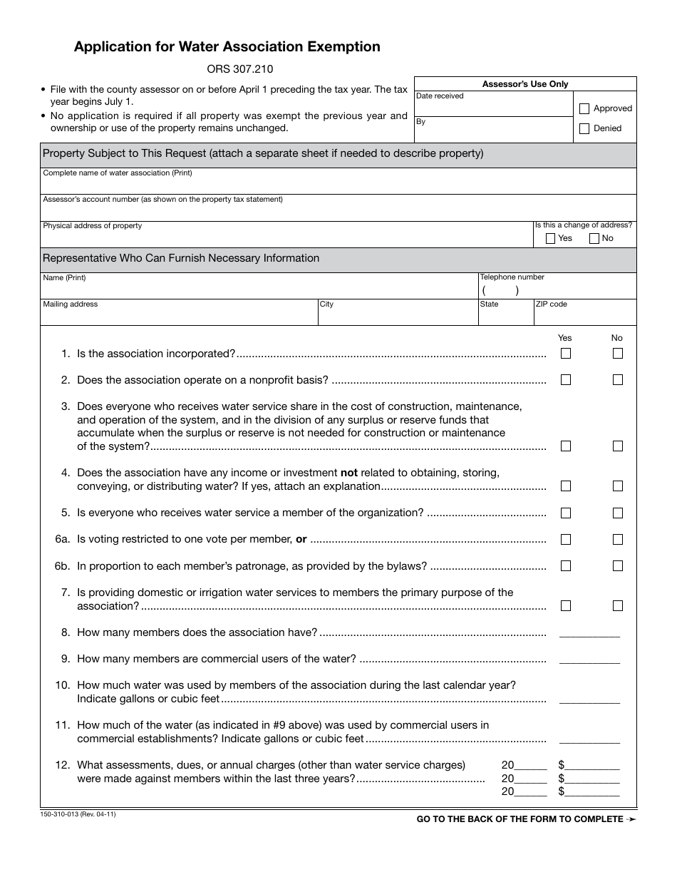 Form 150-310-013 Application for Water Association Exemption - Oregon, Page 1