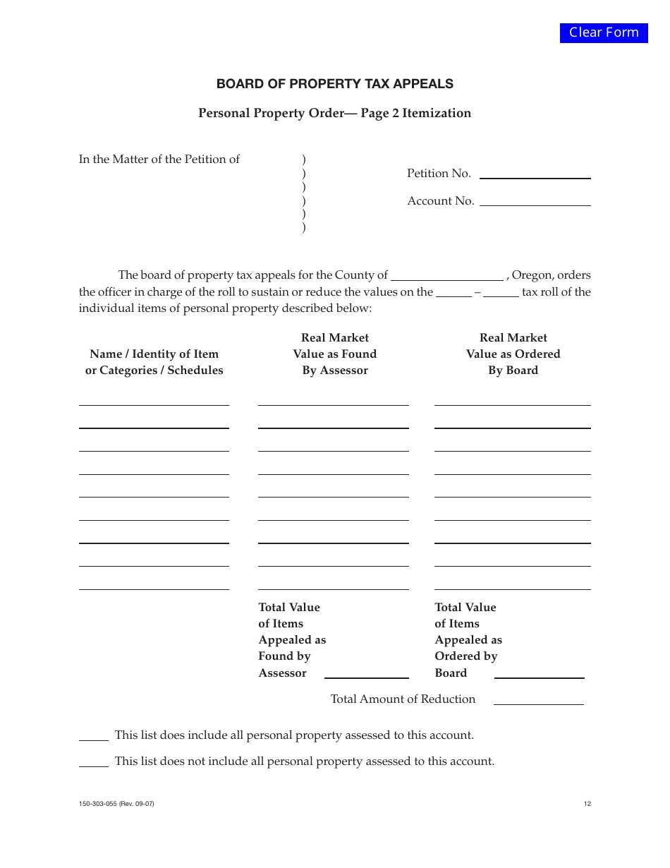Form 150-303-055 Personal Property Order - Page 2 Itemization - Oregon, Page 1