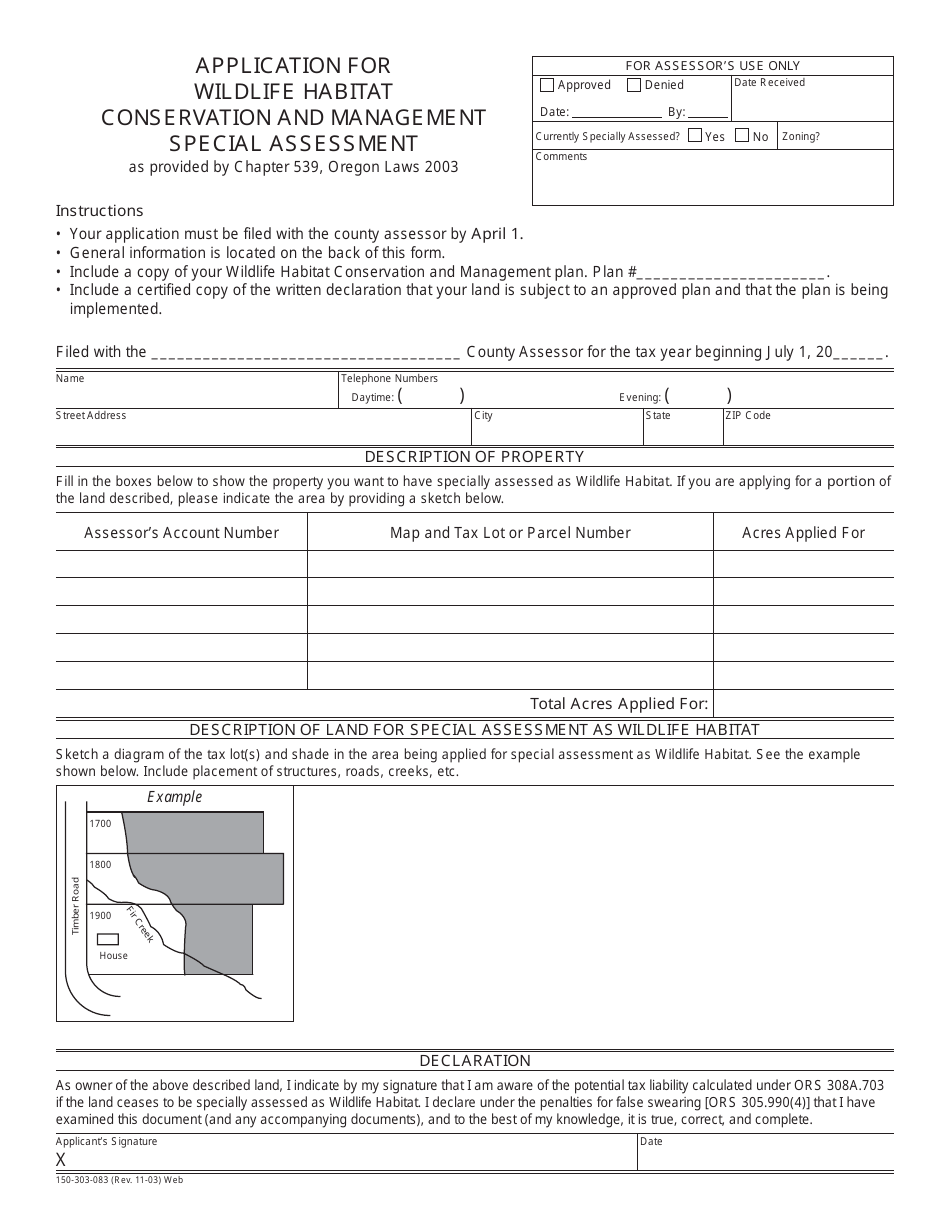 Form 150-303-083 Application for Wildlife Habitat Conservation and Management Special Assessment - Oregon, Page 1