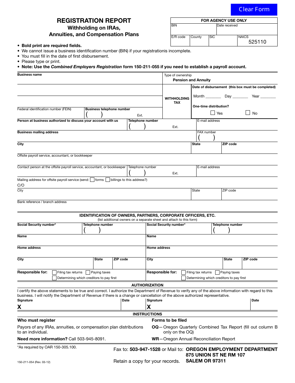 Form 150-211-054 Registration Report - Oregon, Page 1