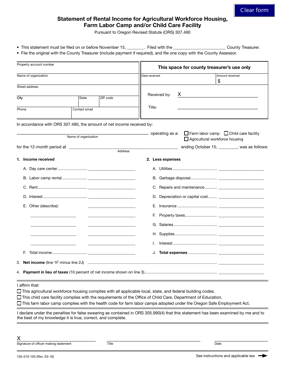 Form 150-310-103 Statement of Rental Income for Agricultural Workforce Housing, Farm Labor Camp and / or Child Care Facility - Oregon, Page 1