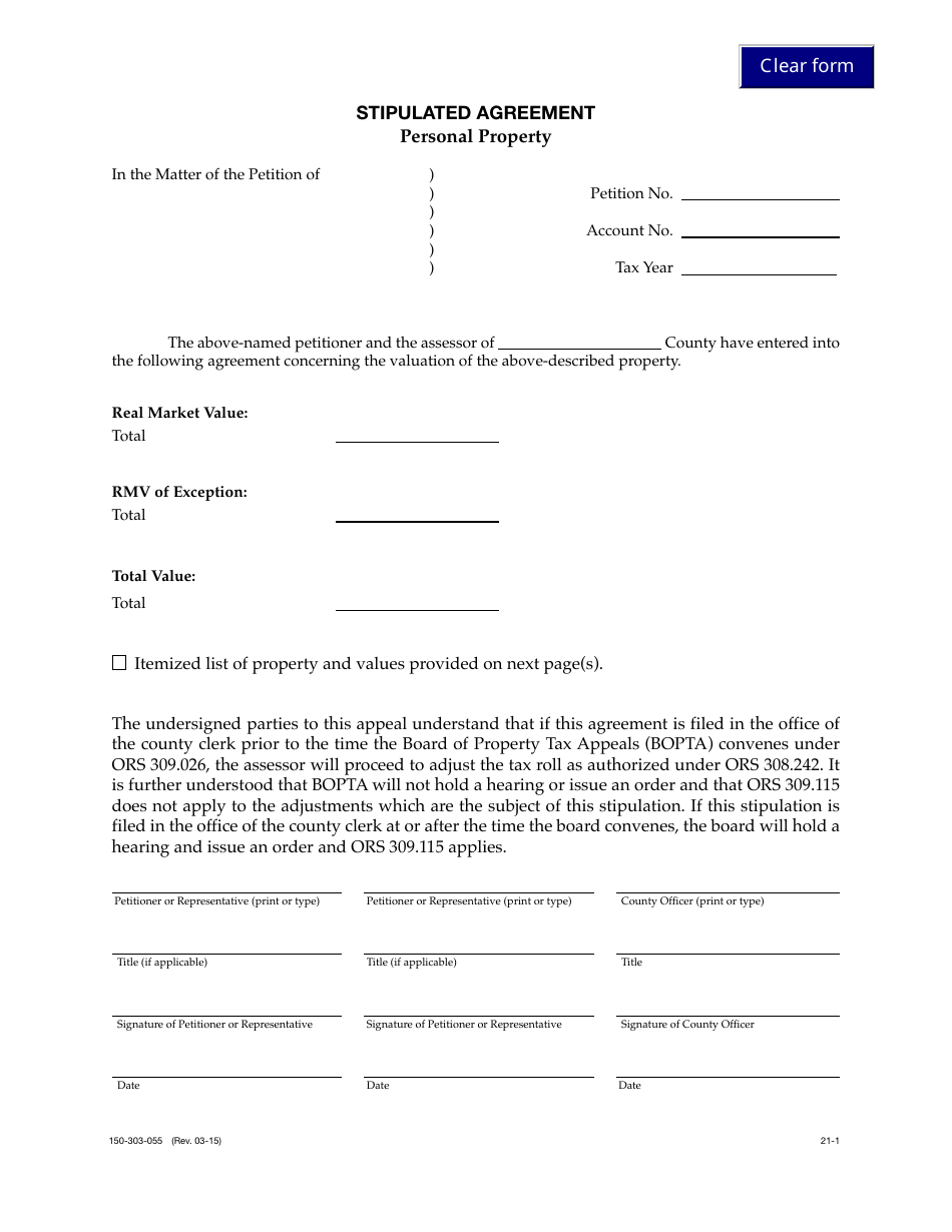 Form 150-303-055 Stipulated Agreement - Personal Property - Oregon, Page 1