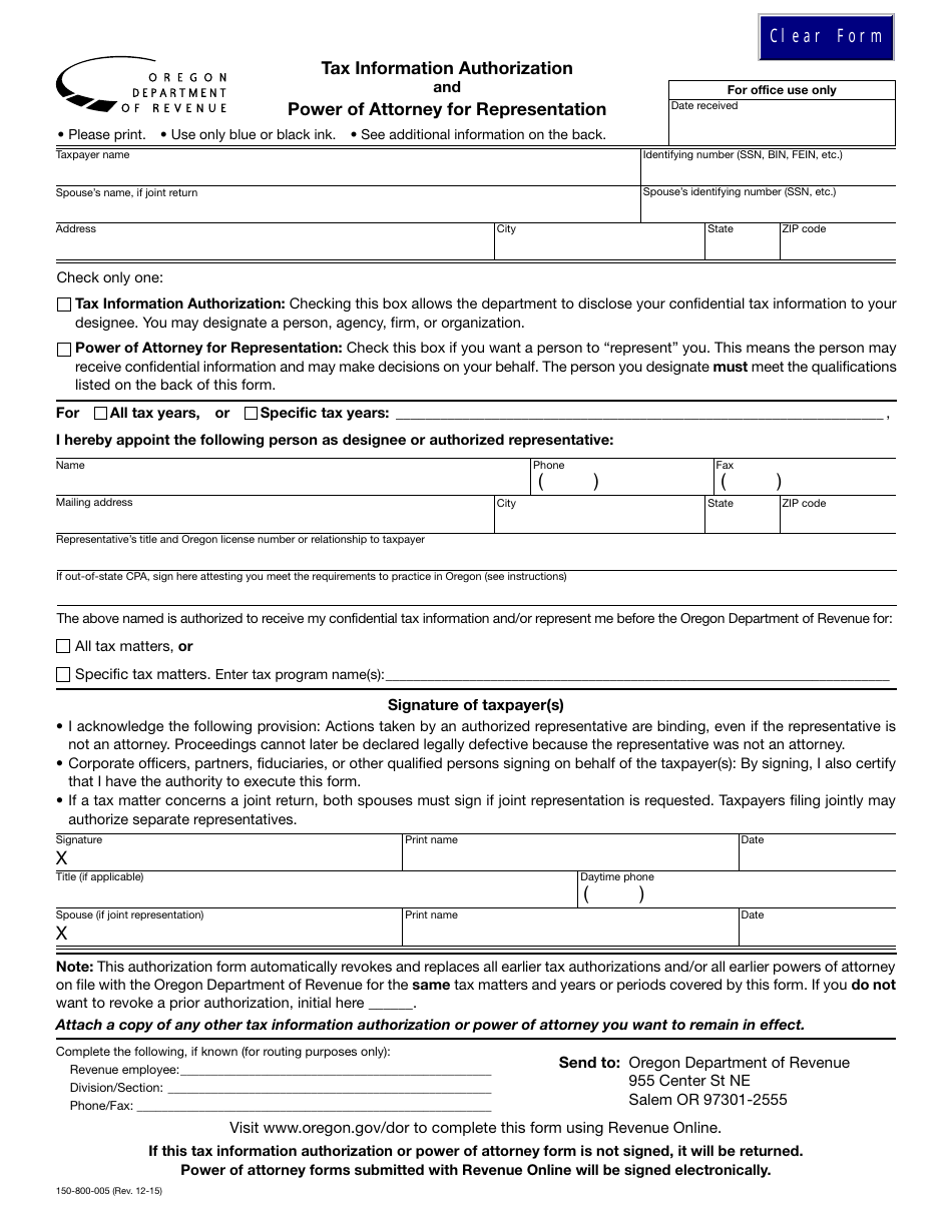 Form 150-800-005 Tax Information Authorization and Power of Attorney for Representation - Oregon, Page 1