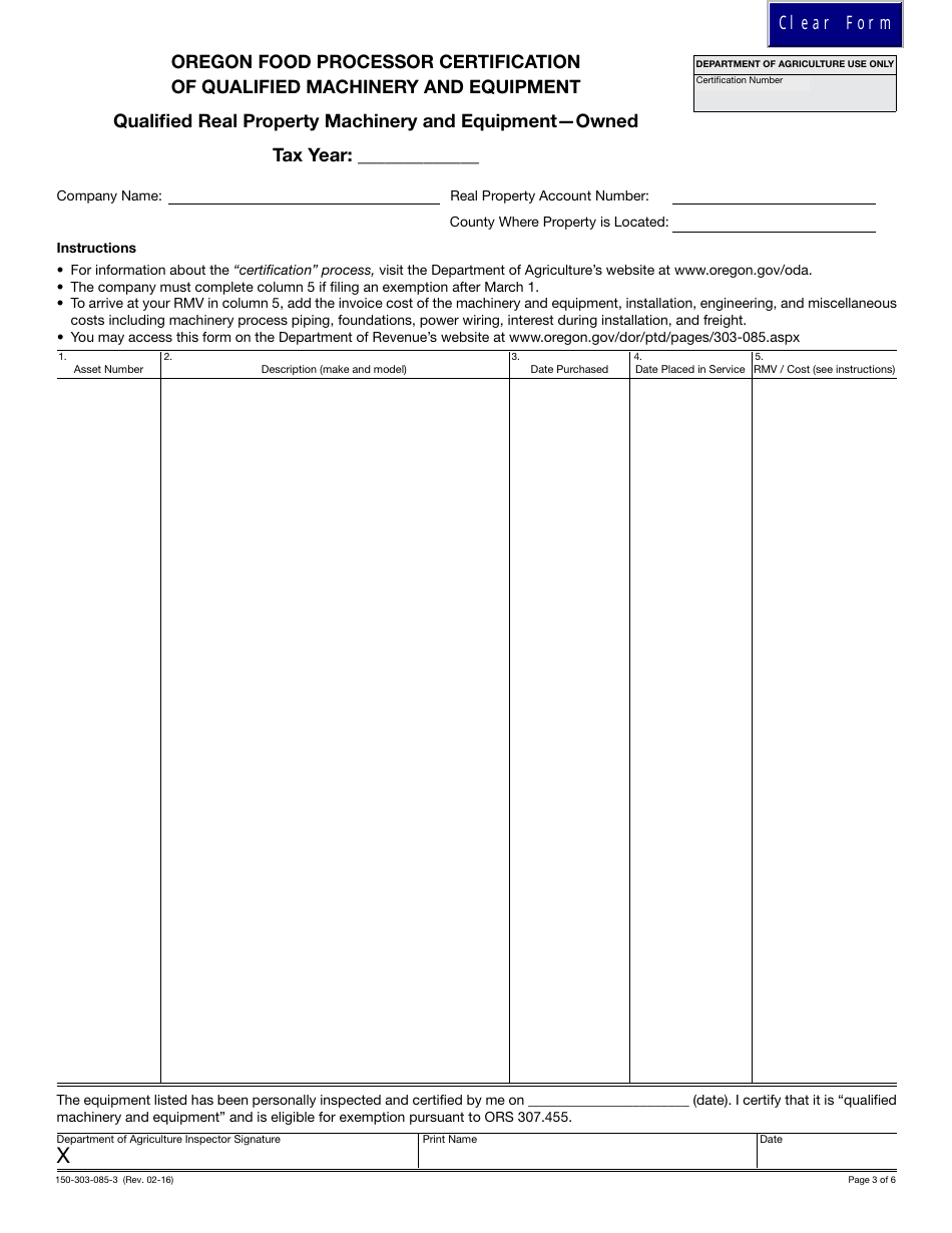 Form 150-303-085-3 Oregon Food Processor Certification of Qualified Machinery and Equipment - Owned - Oregon, Page 1