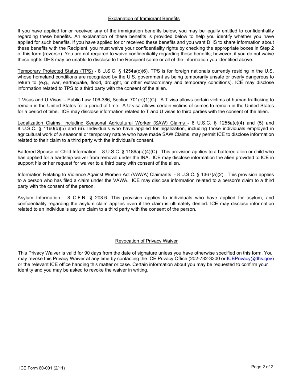 ICE Form 60-001 Privacy Waiver Authorizing Disclosure to a Third Party, Page 2