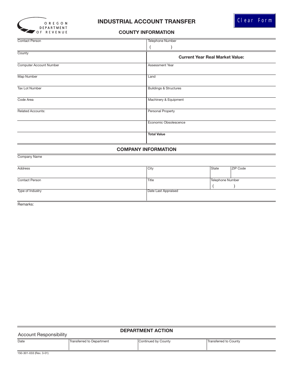 Form 150-301-033 Industrial Account Transfer - Oregon, Page 1