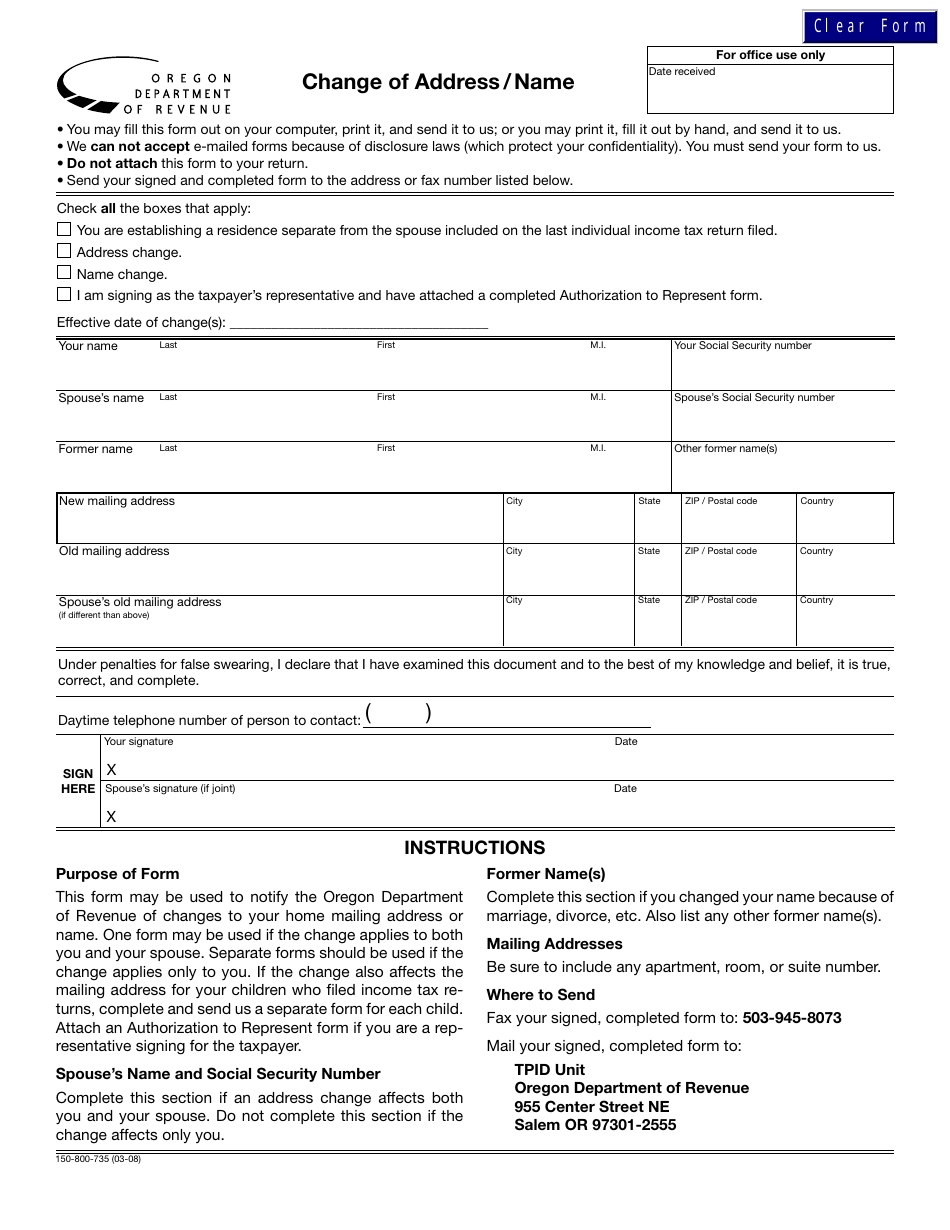 Form 150-800-735 Change of Address / Name - Oregon, Page 1