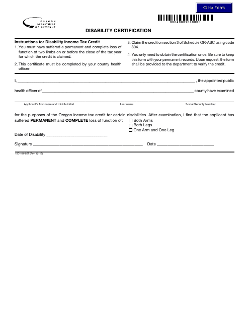 Form 150-101-057 Disability Certification - Oregon