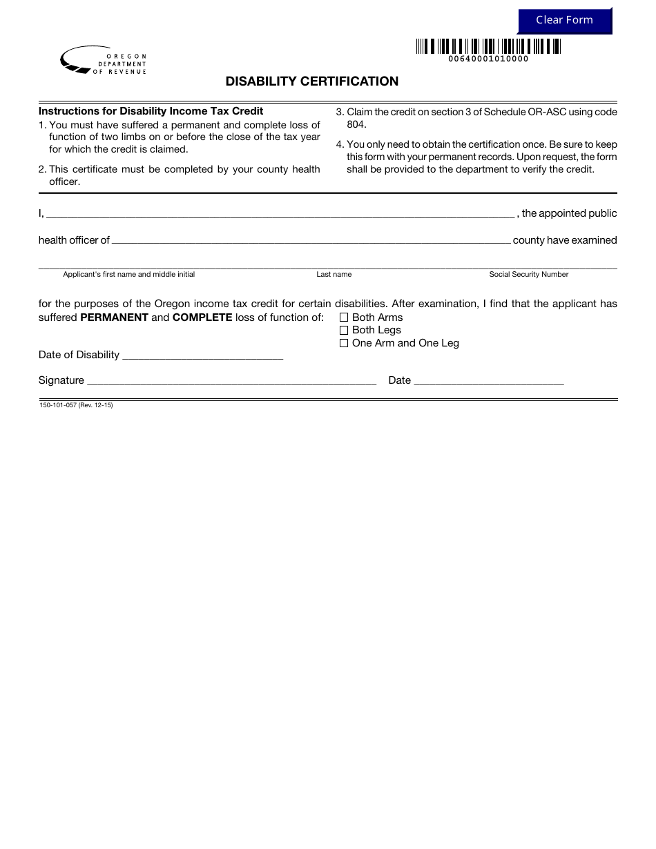 Form 150-101-057 Disability Certification - Oregon, Page 1