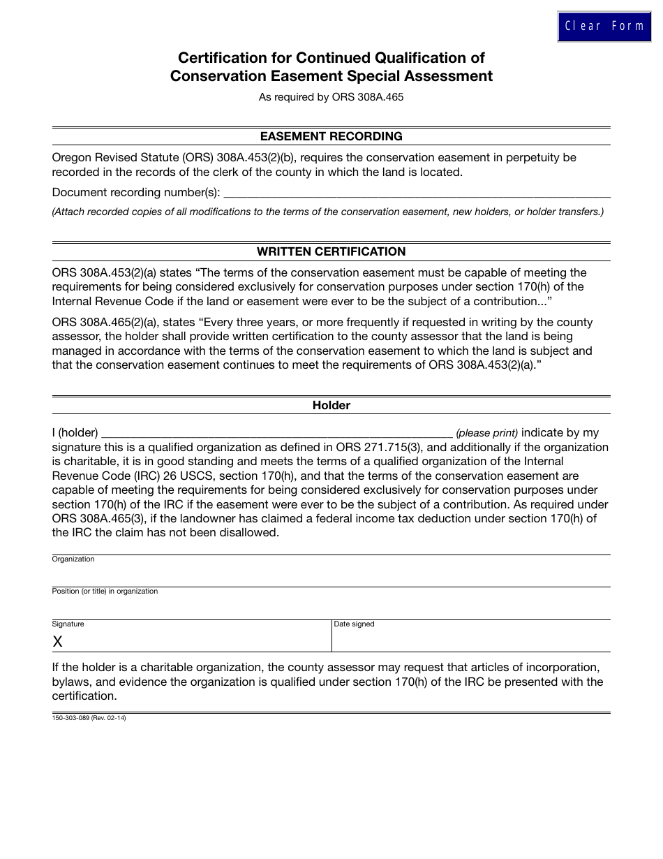 Form 150-303-089 Certification for Continued Qualification of Conservation Easement Special Assessment - Oregon, Page 1