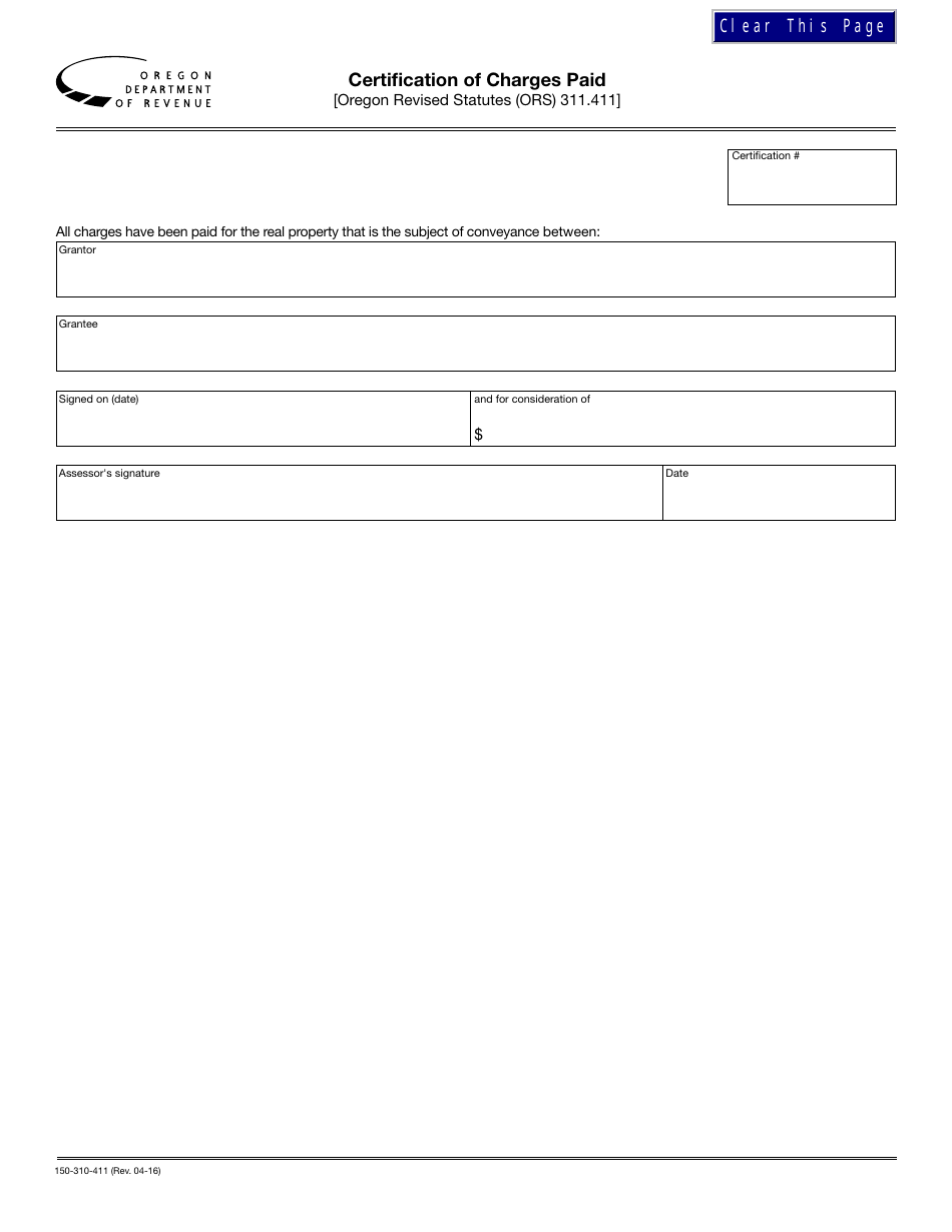 Form 150-310-411 Certification of Charges Paid - Oregon, Page 1