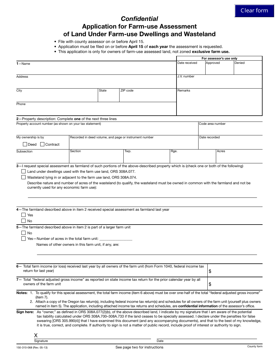 Form 150-310-068 Confidential Application for Farm-Use Assessment of Land Under Farm-Use Dwellings and Wasteland - Oregon, Page 1