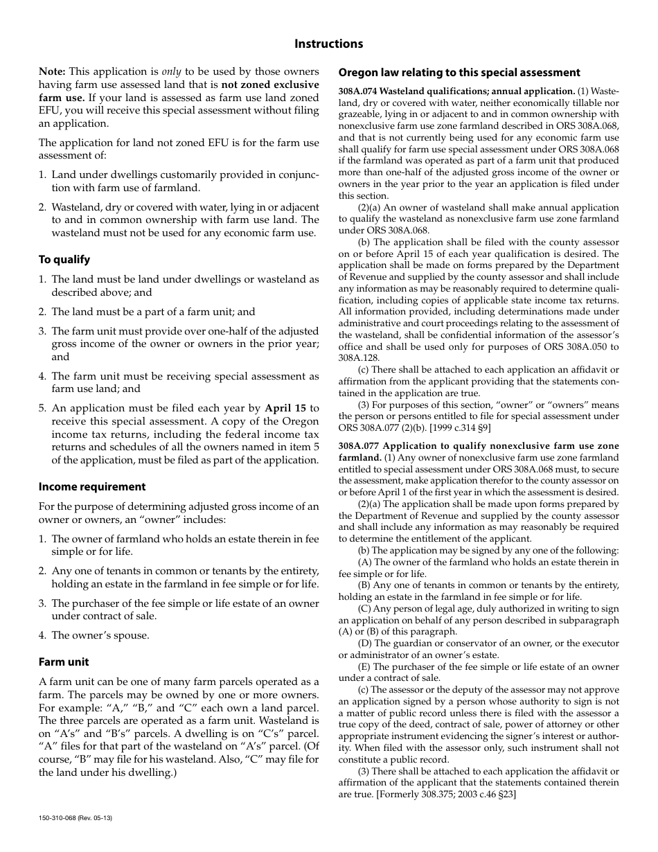 Form 150-310-068 Confidential Application for Farm-Use Assessment of Land Under Farm-Use Dwellings and Wasteland - Oregon, Page 2