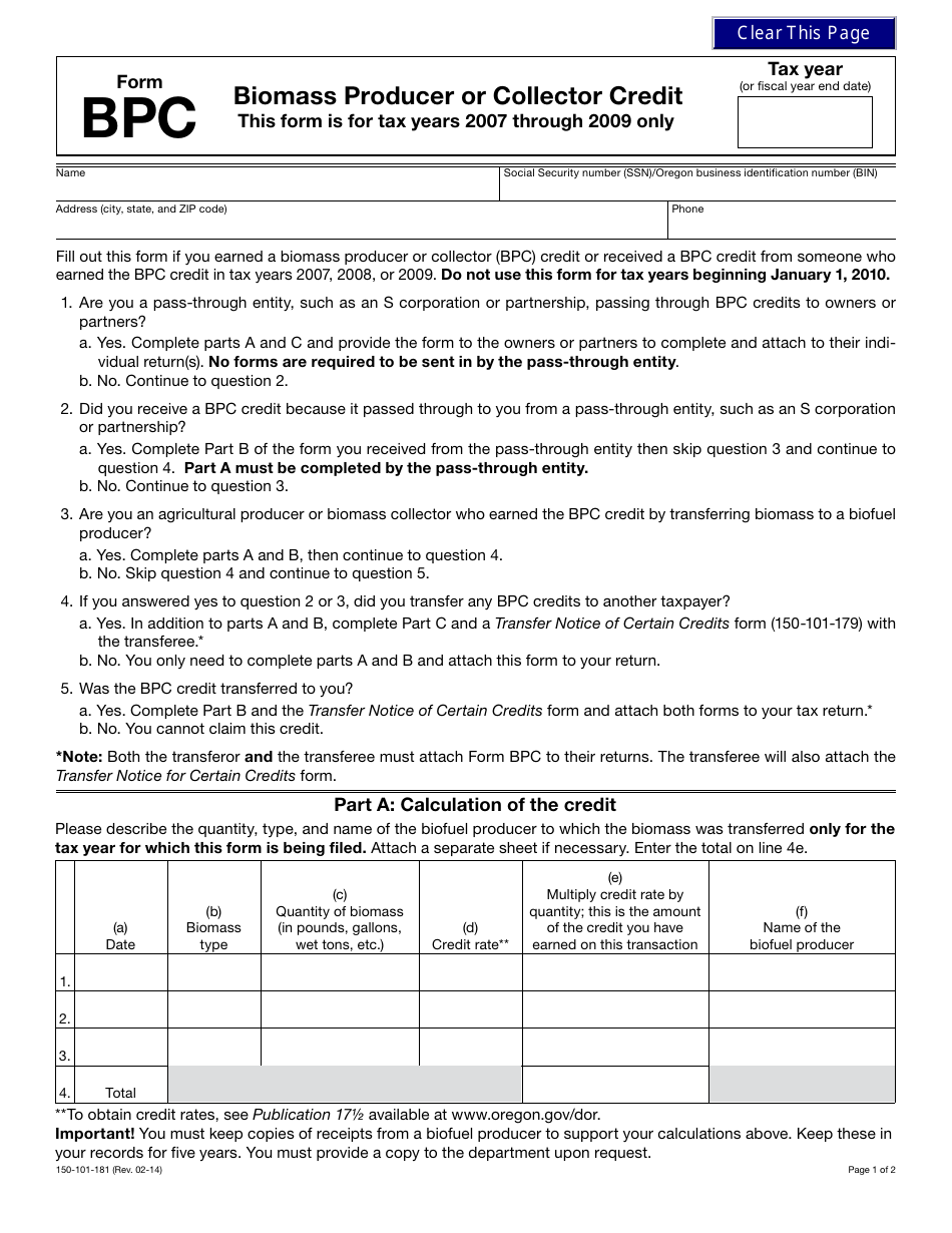 Form 150-101-181 (BPC) Biomass Producer or Collector Credit - Oregon, Page 1