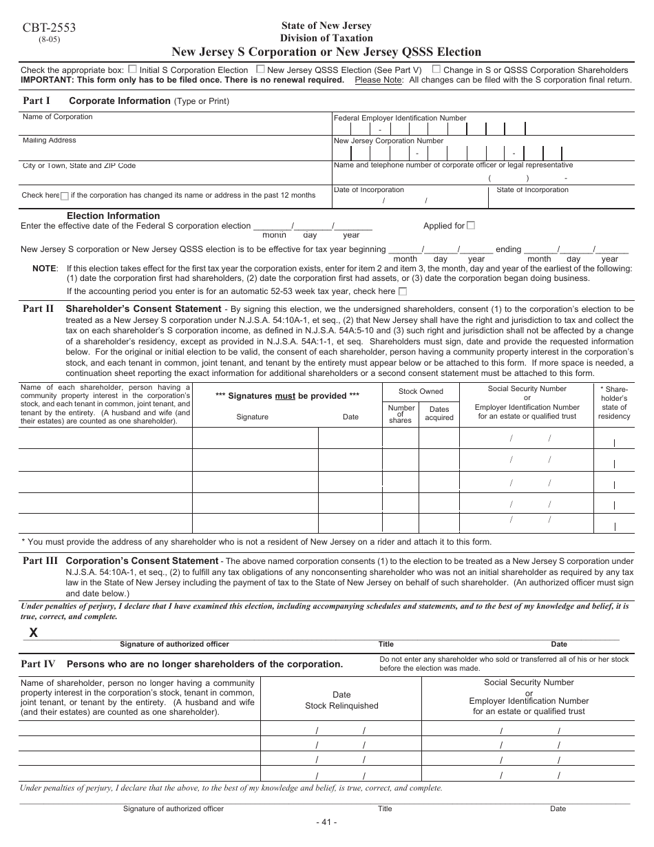 Form CBT 2553 Download Fillable PDF Or Fill Online New Jersey S 