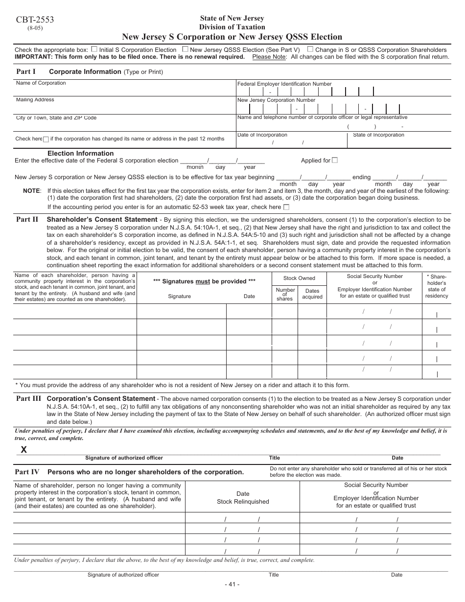 Form CBT-2553 New Jersey S Corporation or New Jersey Qsss Election - New Jersey, Page 1