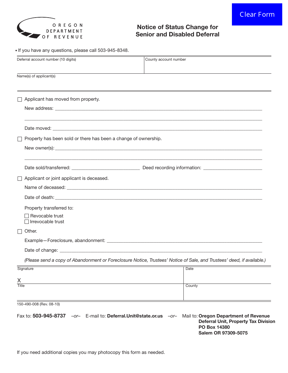 Form 150-490-008 Notice of Status Change for Senior and Disabled Deferral - Oregon, Page 1