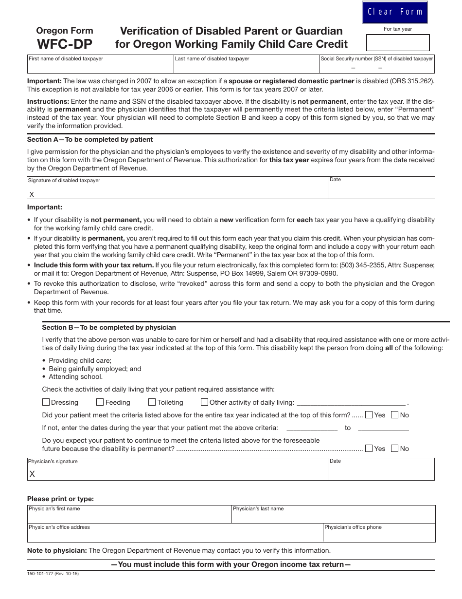 Form 150-101-177 (WFC-DP) Verification of Disabled Parent or Guardian for Oregon Working Family Child Care Credit - Oregon, Page 1