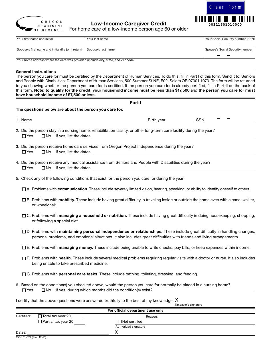 Form 150-101-024 Low-Income Caregiver Credit - Oregon, Page 1