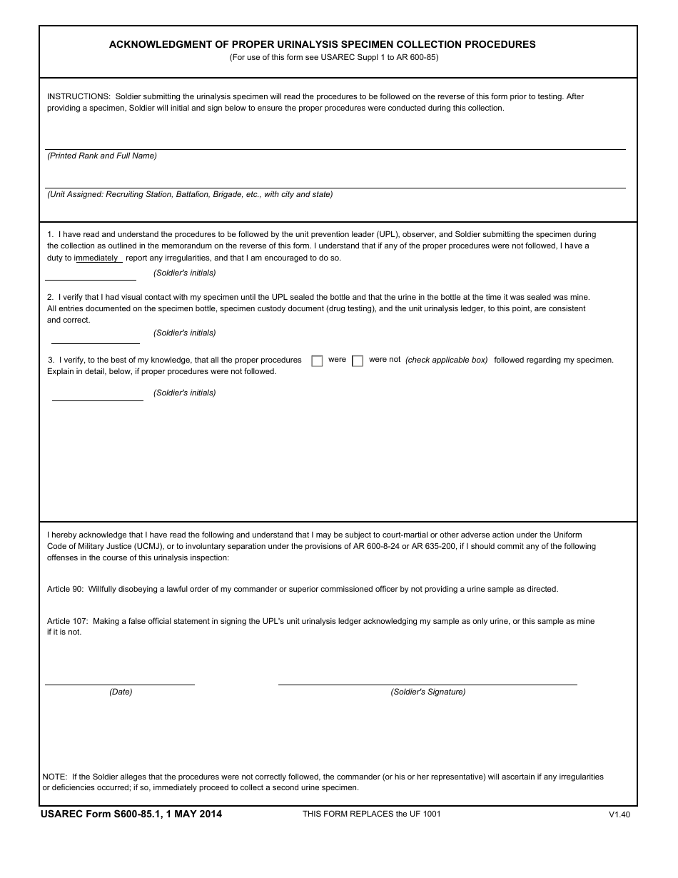 USAREC Form S600-85.1 Acknowledgement of Proper Urinalysis Specimen Collection Procedures, Page 1