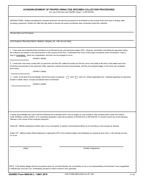 USAREC Form S600-85.1 Acknowledgement of Proper Urinalysis Specimen Collection Procedures