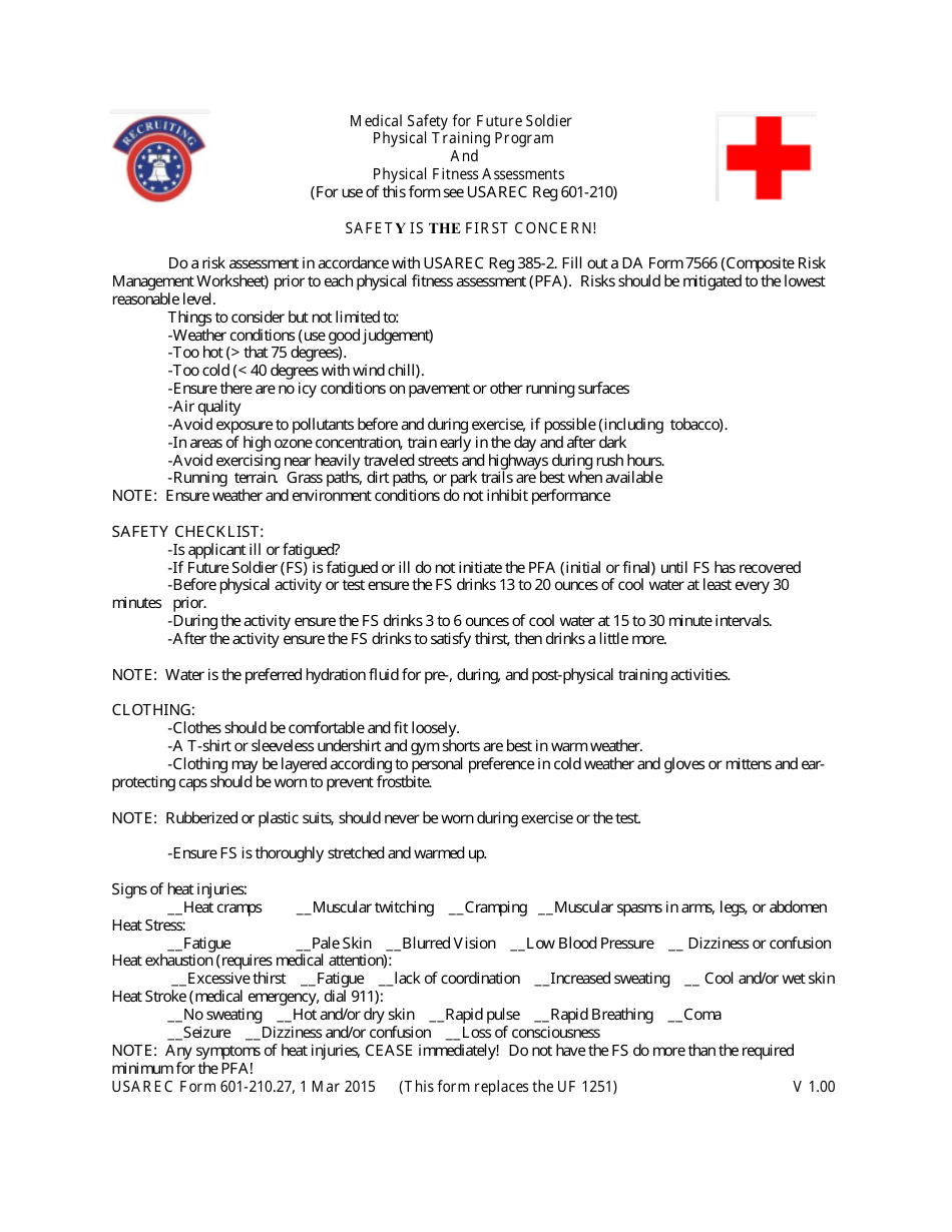 USAREC Form 601-210.27 Medical Safety for Future Soldier Physical Training Program and Physical Fitness Assessments, Page 1