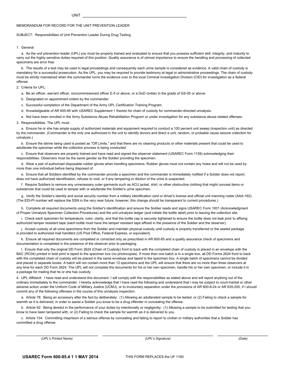 USAREC Form 600-85.4 Memorandum for Record for the Unit Prevention Leader, Page 1