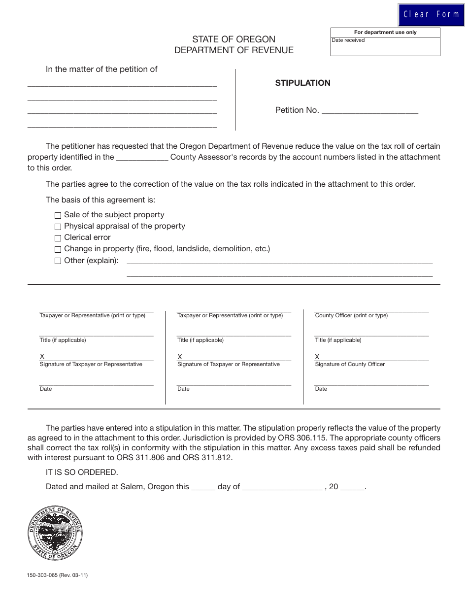 Form 150-303-065 County Assessor Stipulation - Oregon, Page 1