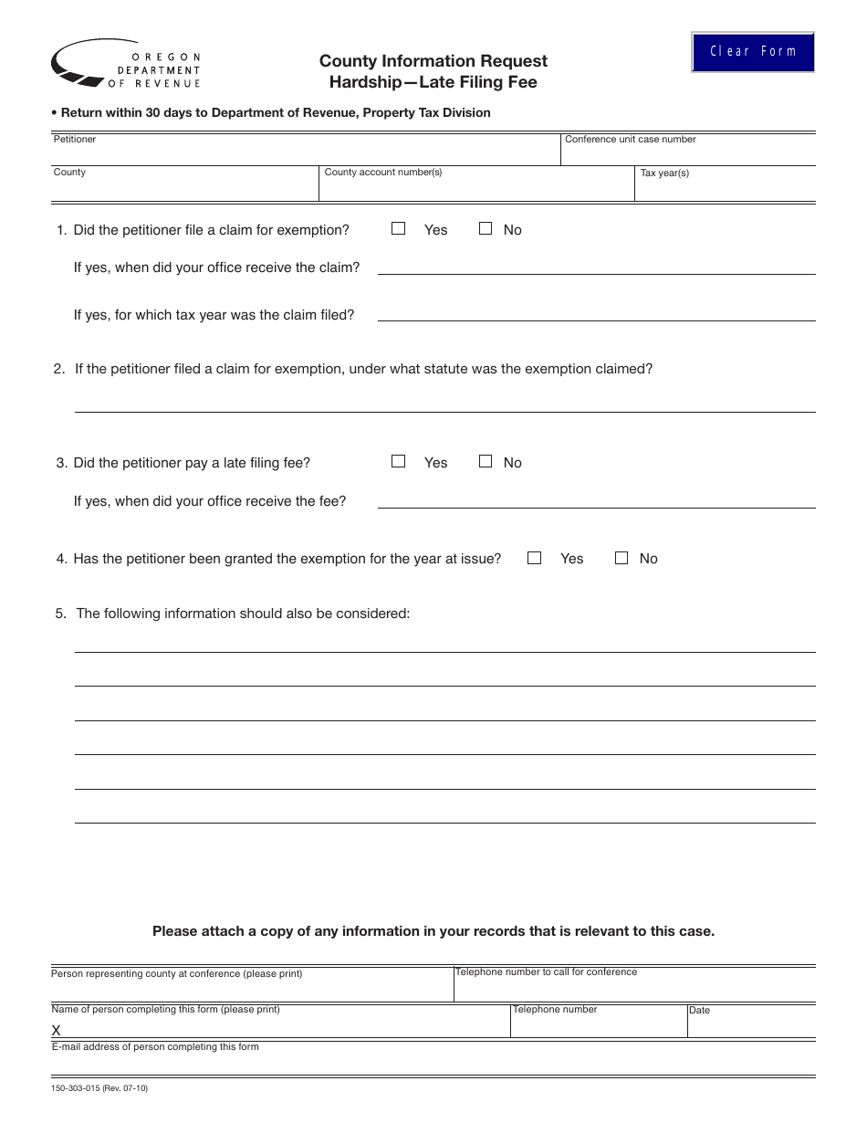 Form 150-303-015 County Information Request Hardship - Late Filing Fee - Oregon, Page 1