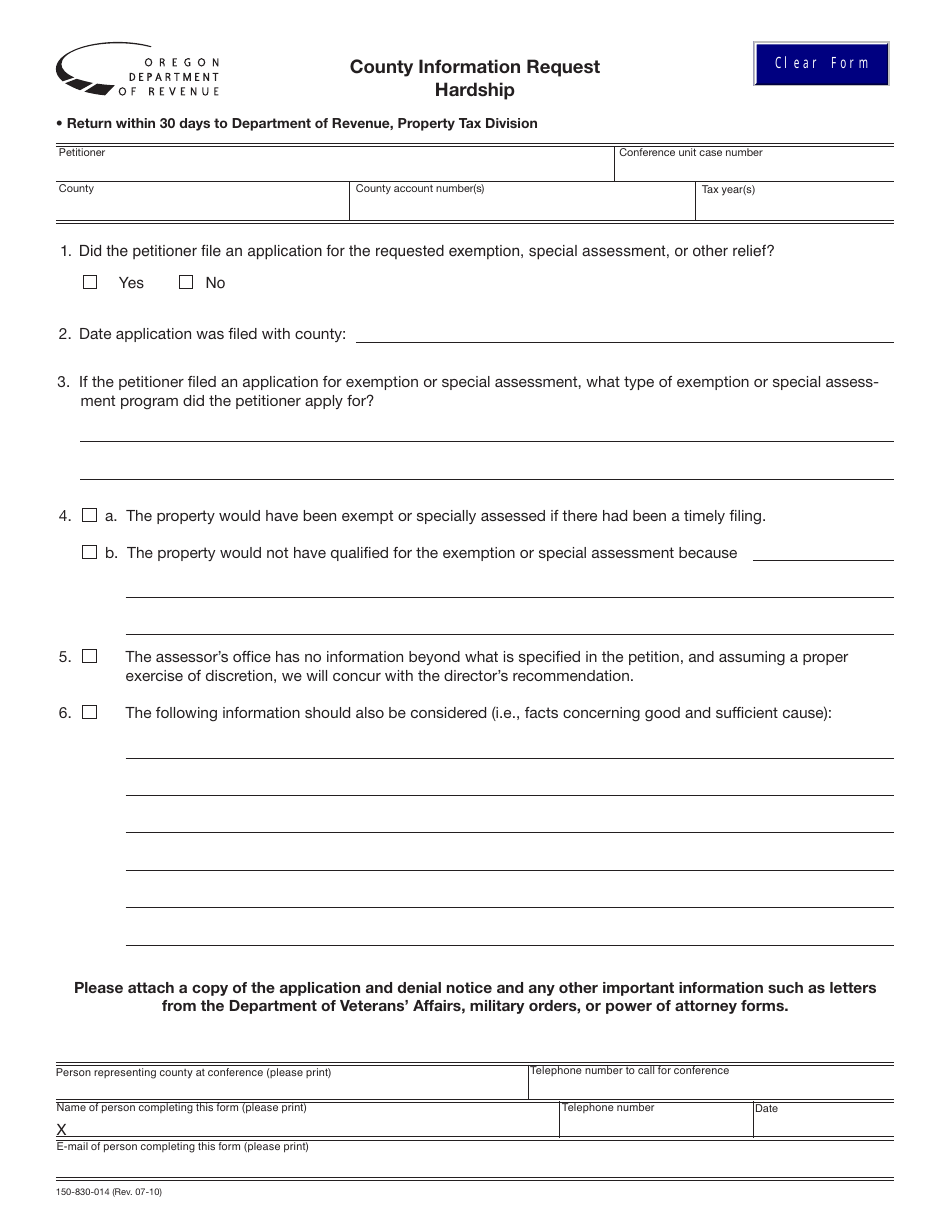 Form 150-830-014 County Information Request Hardship - Oregon, Page 1