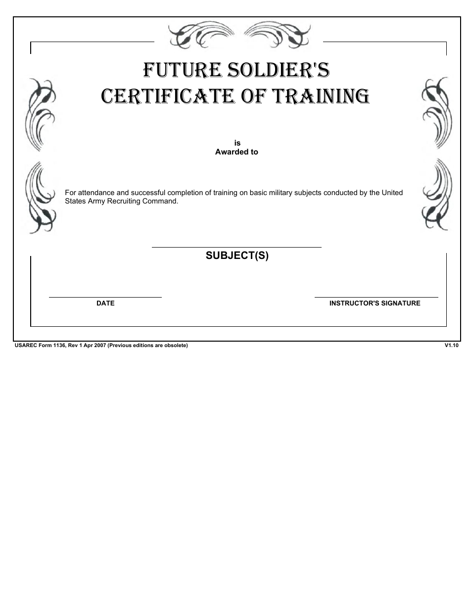 USAREC Form 1136 Future Soldiers Certificate of Training, Page 1