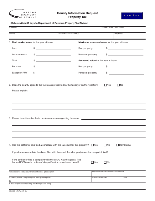 Form 150-303-017 County Information Request - Property Tax - Oregon