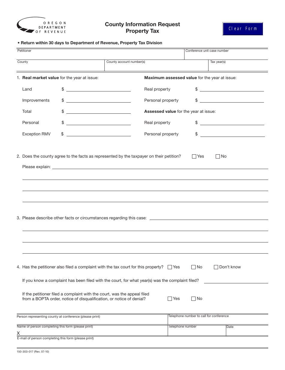 Form 150-303-017 County Information Request - Property Tax - Oregon, Page 1