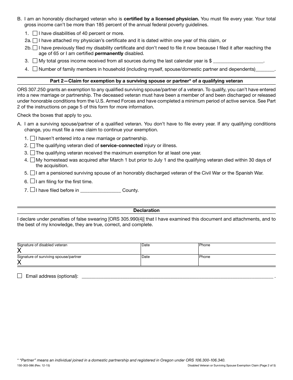 Form 150-303-086 Disabled Veteran or Surviving Spouse Exemption Claim - Oregon, Page 2