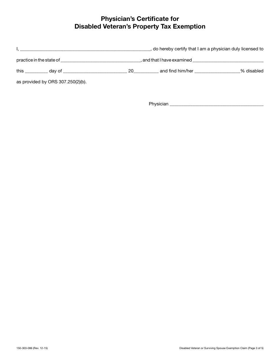 Form 150-303-086 Disabled Veteran or Surviving Spouse Exemption Claim - Oregon, Page 3